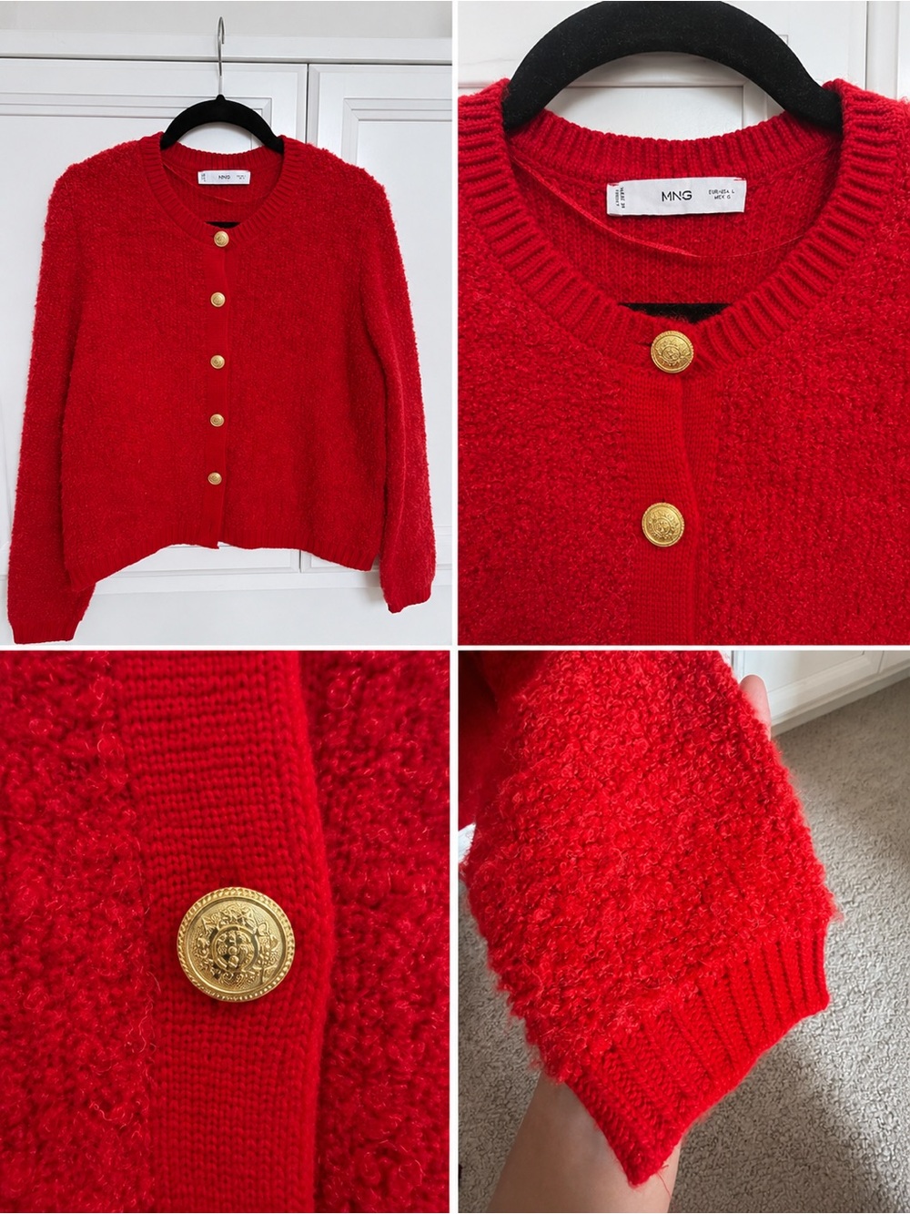 Mango Bright Red Textured Knit Cardigan with Gold Buttons